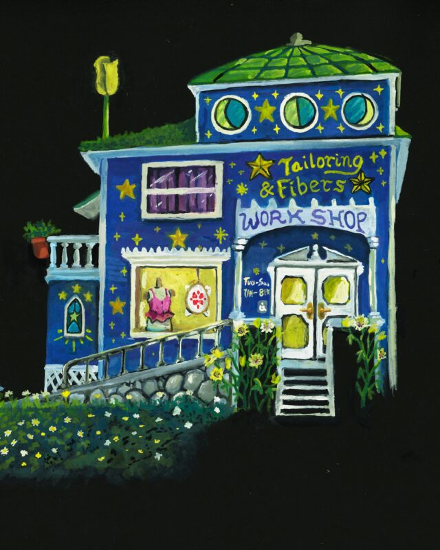 Gouache artwork of a green and blue storefront on black paper.