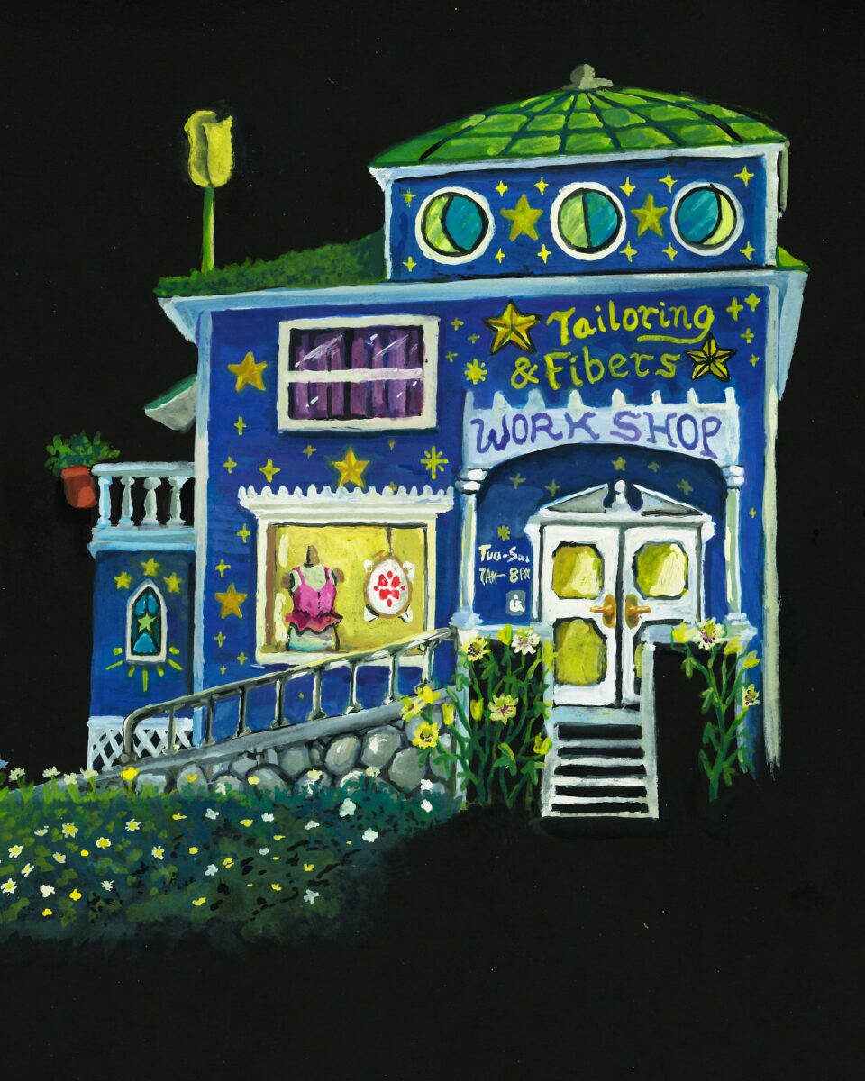 Gouache artwork of a green and blue storefront on black paper.