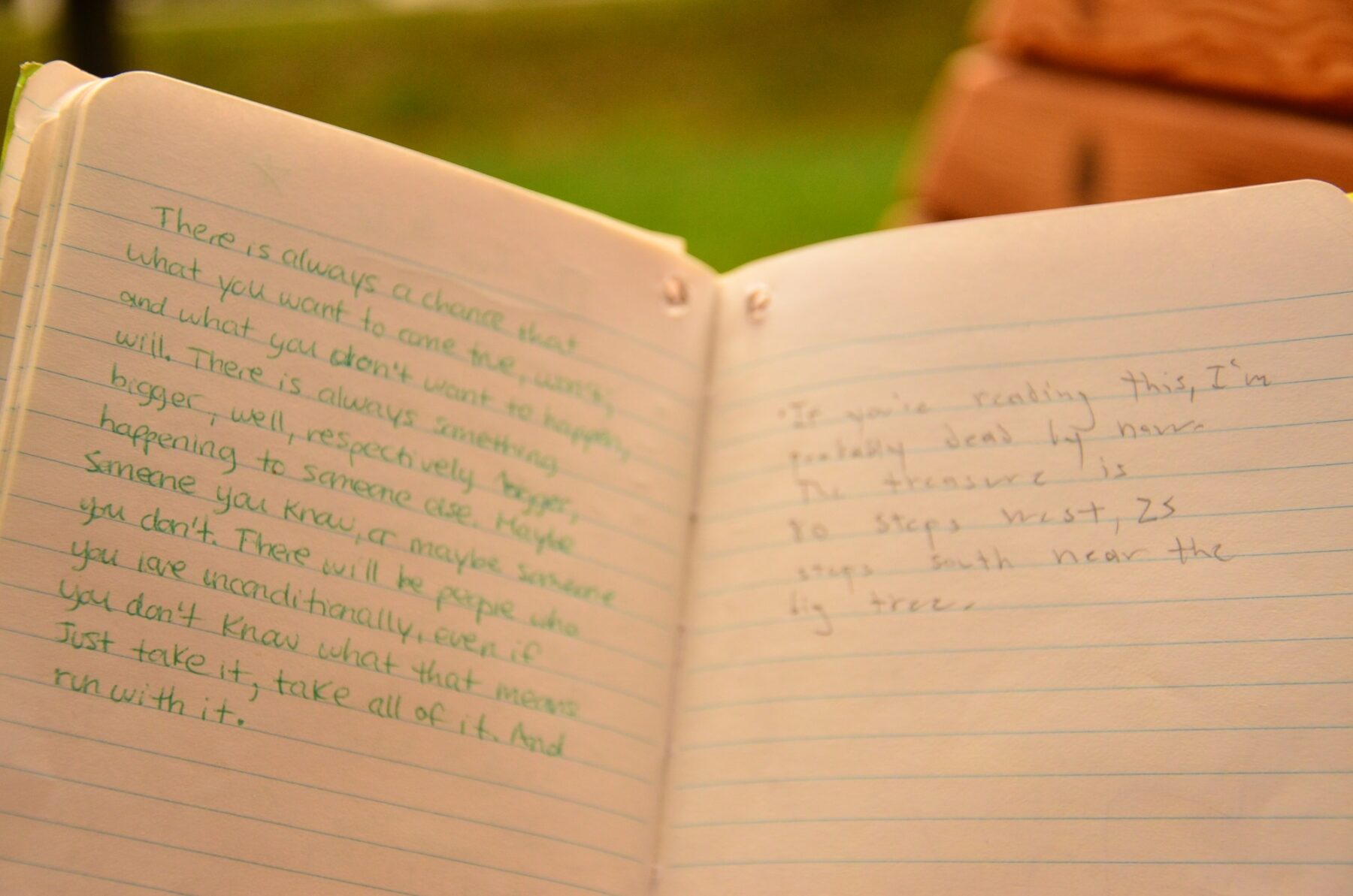 A lined journal from the Joseph Beuys Tree Partnership is open to a page with green writing inside.