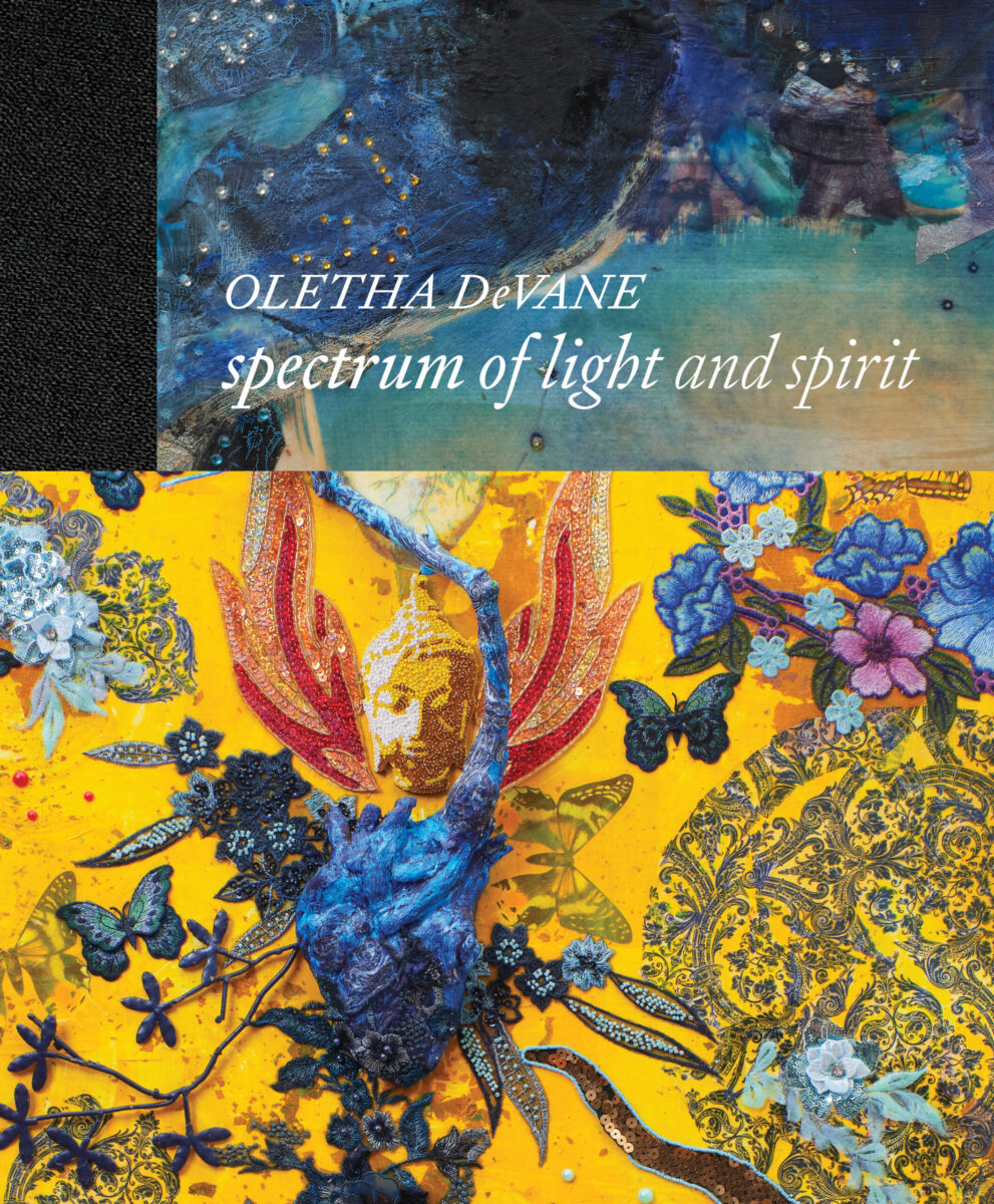 Colorful collage image announcing the launch of Oletha DeVane: Spectrum of Light and Spirit. The composition features vibrant, layered visuals evoking themes of light, energy, and spirituality.