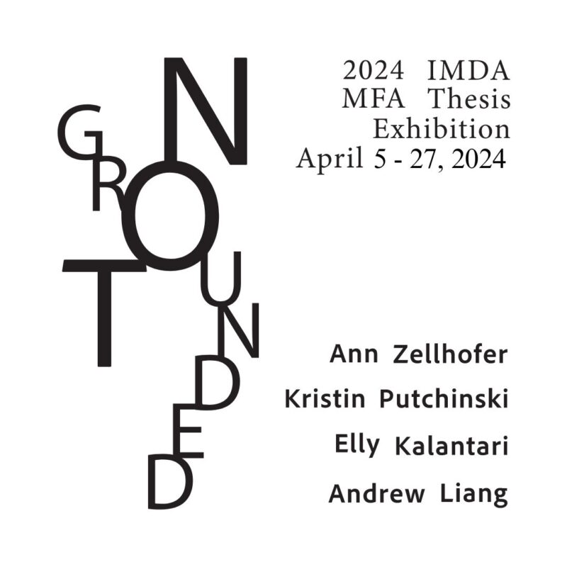Exhibition flyer with a white background and black text featuring artist names. The exhibition title is displayed in a vertically cascading font down the page.