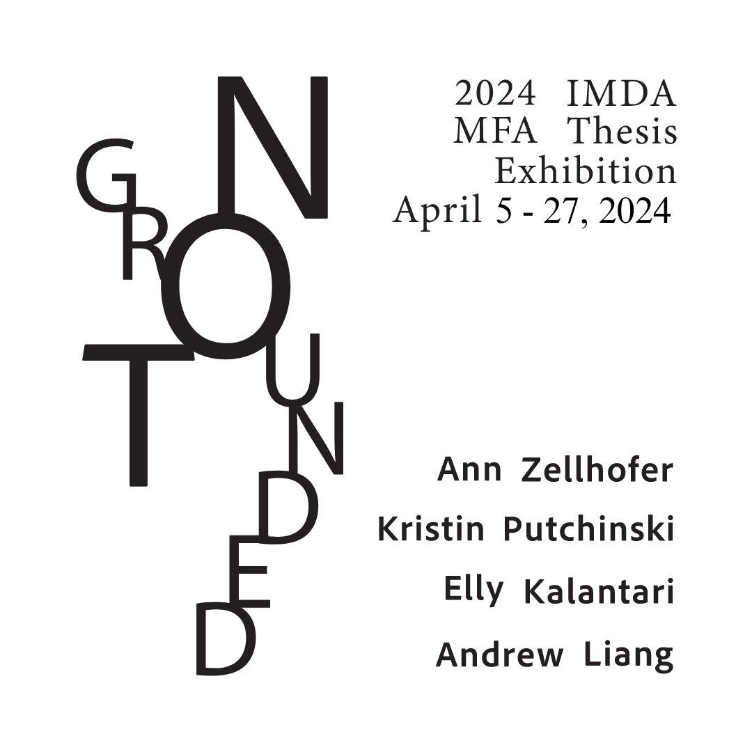 Exhibition flyer with a white background and black text featuring artist names. The exhibition title is displayed in a vertically cascading font down the page.