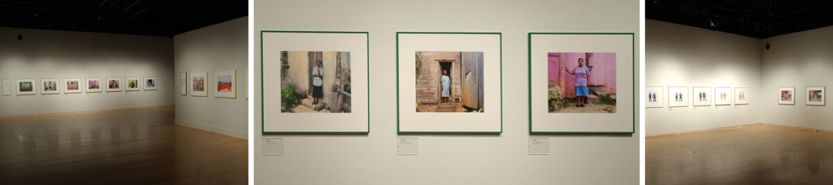 Three installation views from the exhibition, "Andrea Robbins and Max Becher: Portraits." All three photographs show framed photographs hanging on the walls of a gallery space.