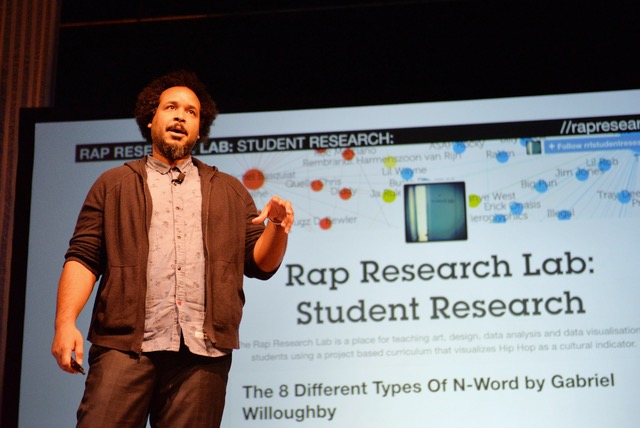 A man in a brown hoodie and jeans stands on a stage giving a talk. Behind him is a projection of a powerpoint slide which reads "Rap Research Lab: Student Research."
