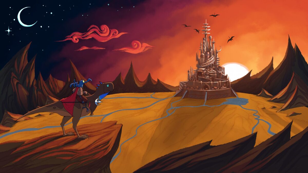 Illustration of a man riding a dragon towards a castle at sunset.