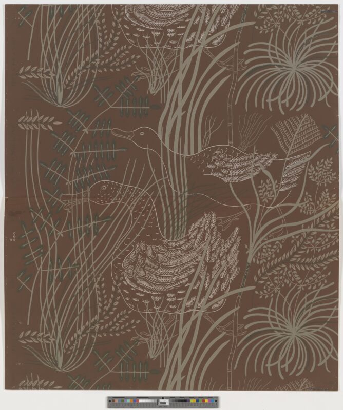 A portion of brown wallpaper with white decoration featuring a forest scene with ducks at the center.