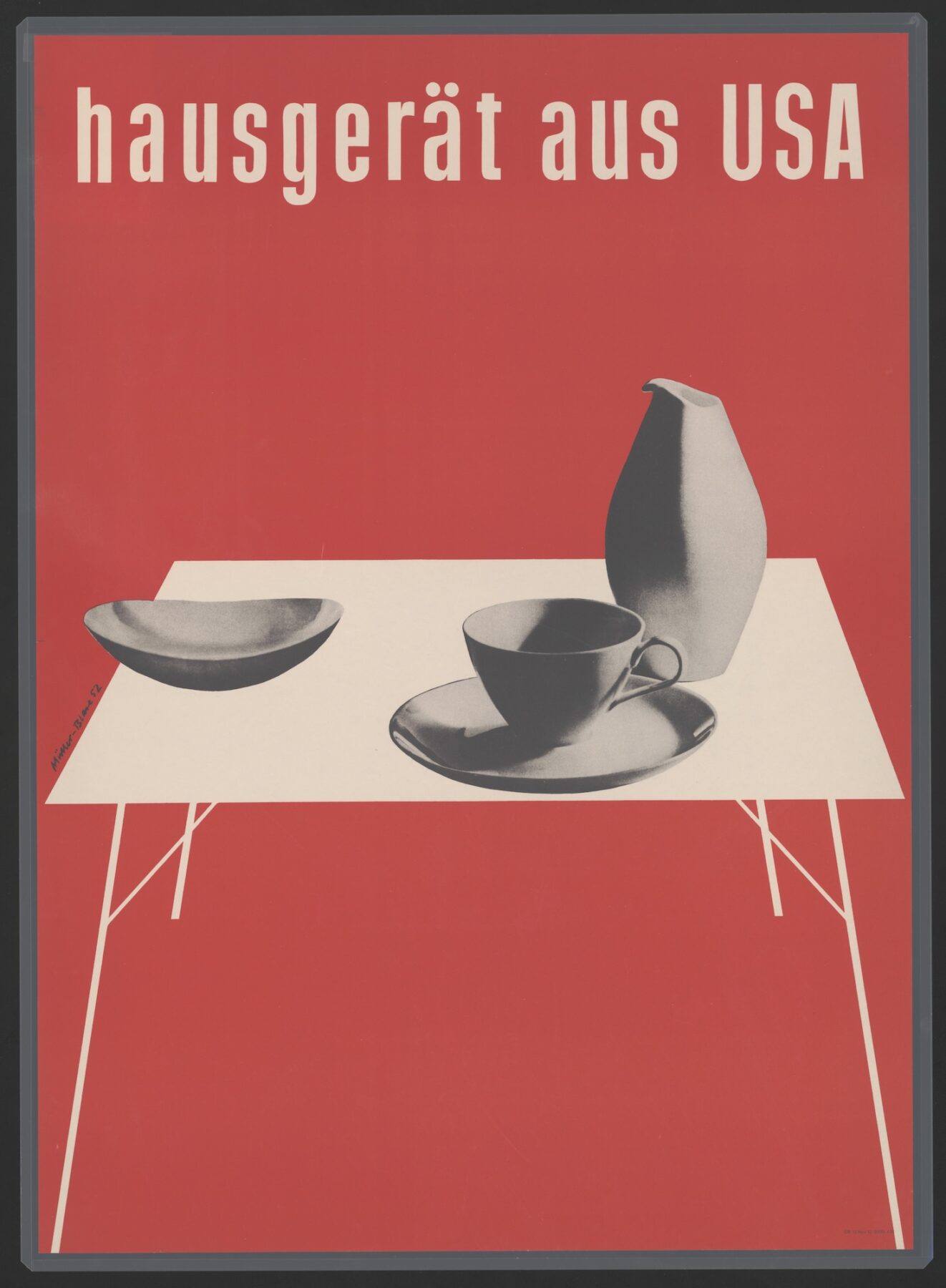 Cover of a booklet for "hausgerät aus USA." On the cover is the graphic of a white table with black-and-white photographs of ceramics atop it.