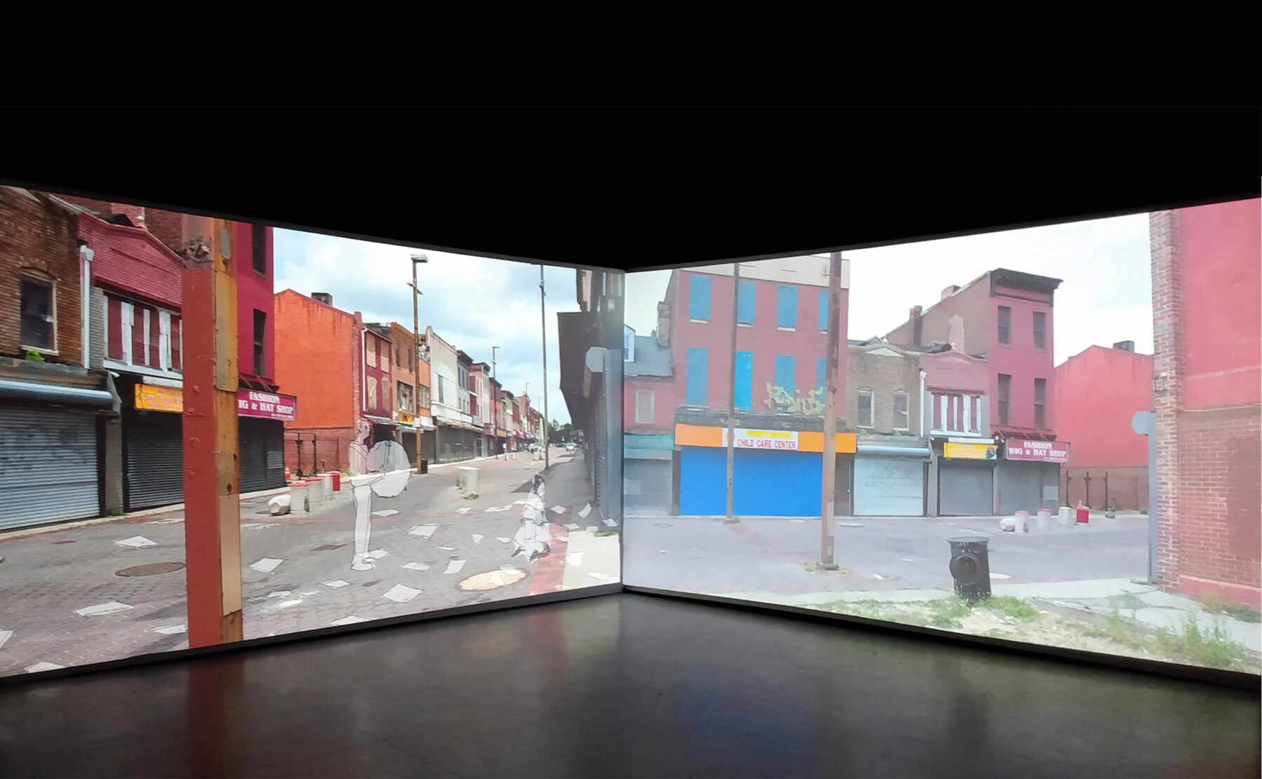 A photograph of a dual-paneled video installation showing two street views and translucent animations of individuals and strewn sheets of paper.