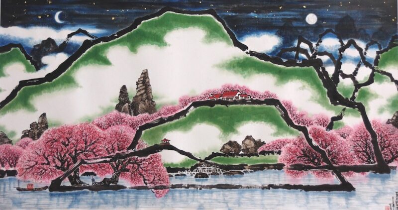 Chinese ink painting featuring green tinged mountains and cherry blossom trees at the forefront.