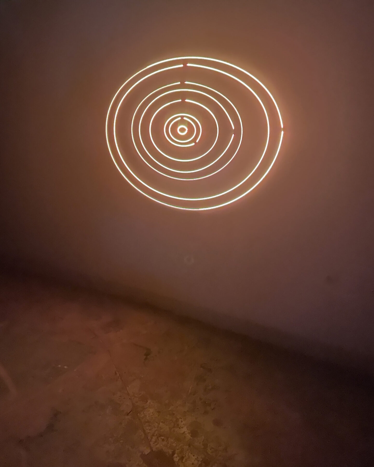 Still of laser projection poetry performance by A. M. Zellhofer. A laser light is projected on a wall via concentric circles like a target.