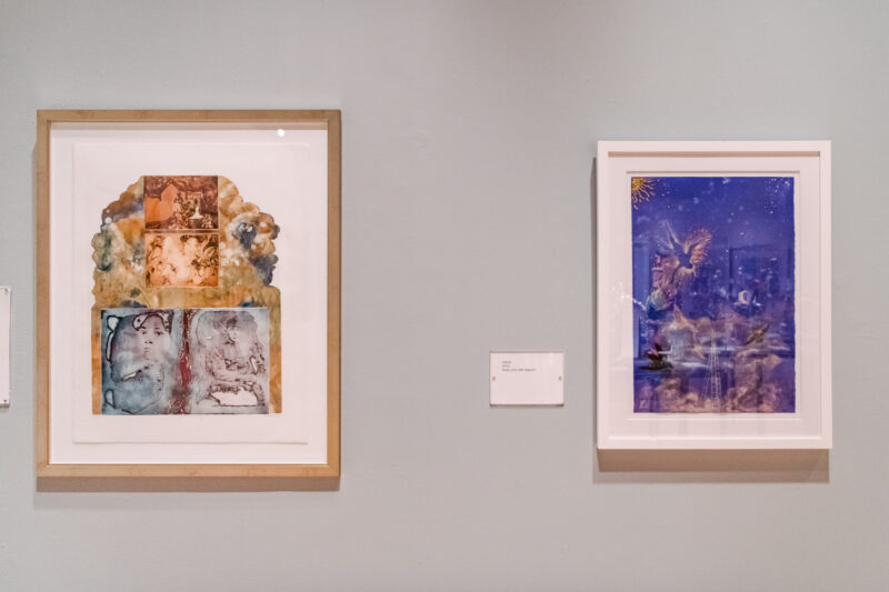 Installation view of Oletha DeVane: Spectrum of Light and Spirit. Two framed works hang side by side against a grey wall.