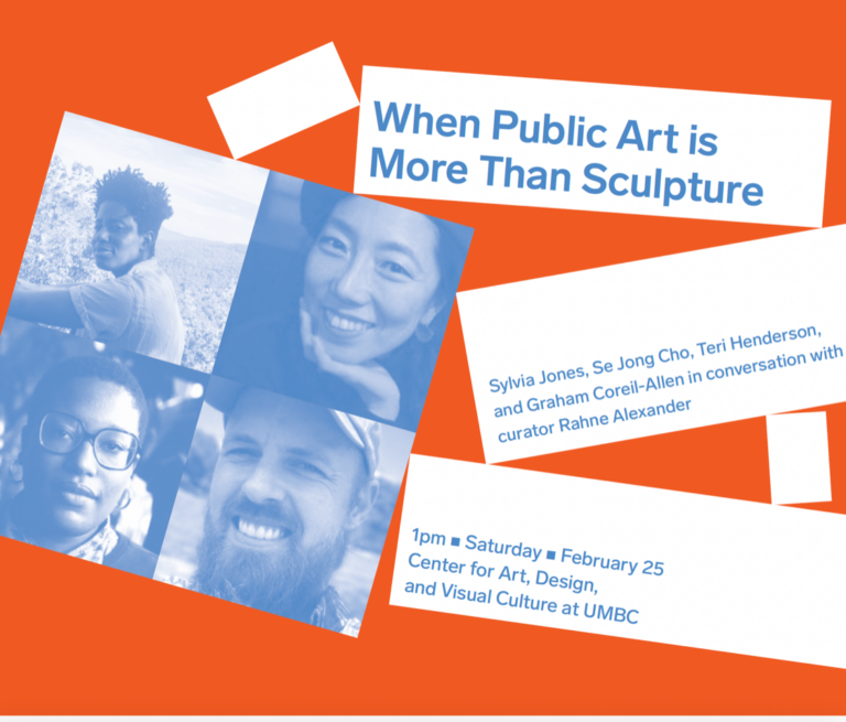 Promotional poster for When Public Art is More Than Sculpture. It features a red background and blue text against white rectangular shapes. Four images of panel participants are duotone in the same blue shade.