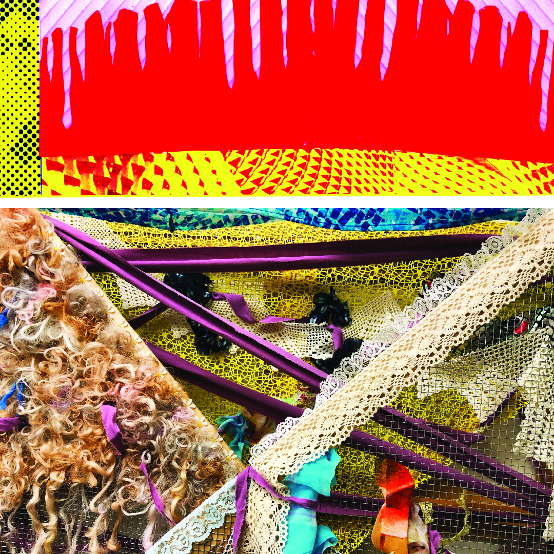 Colorful mixed media art work featuring various textiles, hair, wired mesh, lace, and more.