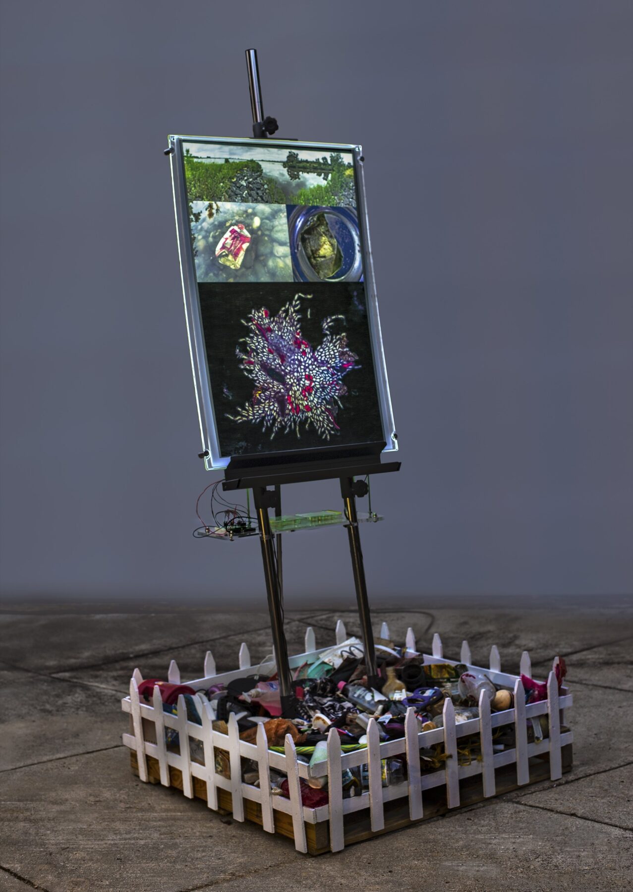 Multimedia installation featuring a light box on an easel surrounded by a short white picket fence.