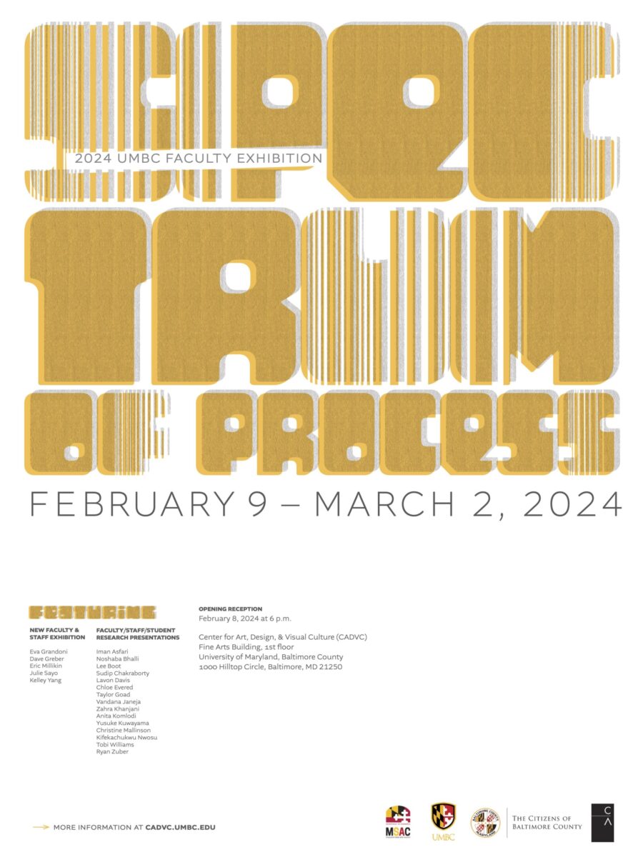 Poster for Spectrum of Process: 2024 UMBC Faculty Exhibition featuring bold, bubble-style gold text on a white background. Some letters appear faded or partially transparent, adding a layered design effect.