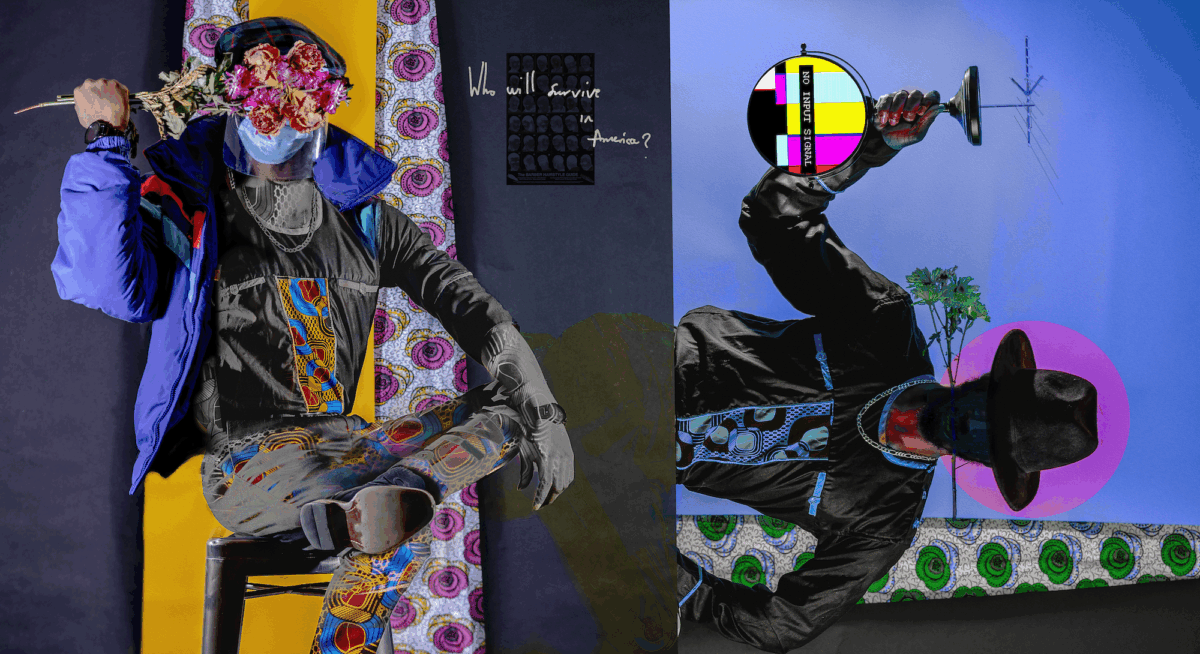 Colored photograph printed diptych by Gabriel C. Amadi-Emina. At left, a man holds a bouquet over his face. In the right panel, a cowboy looking man is shown at an angel holding a mirror. In the middle of the painting, the sentence, "Who will survive in America?" is written against a navy background.