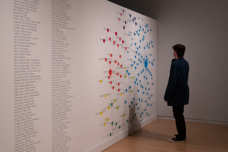 Man looking at installation by Tahir Temphill in his exhibition, Rap Research Lab.