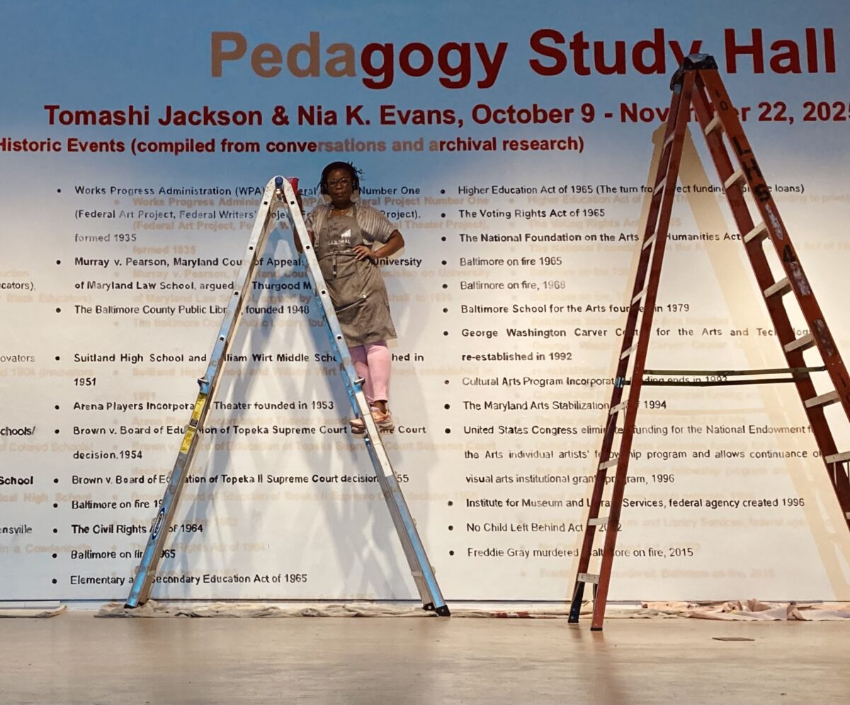 A woman with a dark skin-tone stands on a a silver ladder facing the camera. She is wearing a khaki-colored apron and pink pants. Behind her on a white wall are text decals in the midst of being installed. To her left is a taller red ladder.
