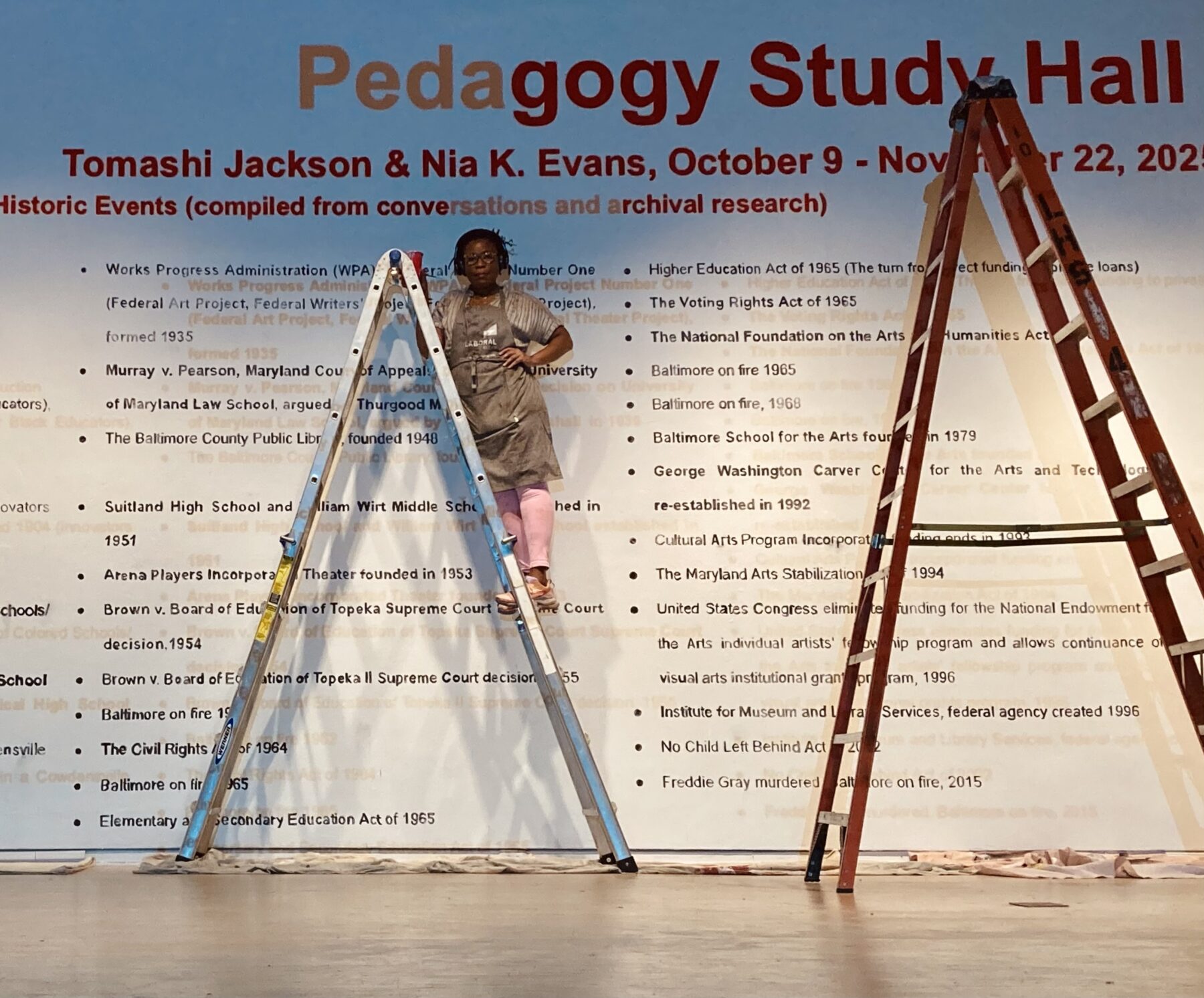A woman with a dark skin-tone stands on a a silver ladder facing the camera. She is wearing a khaki-colored apron and pink pants. Behind her on a white wall are text decals in the midst of being installed. To her left is a taller red ladder.