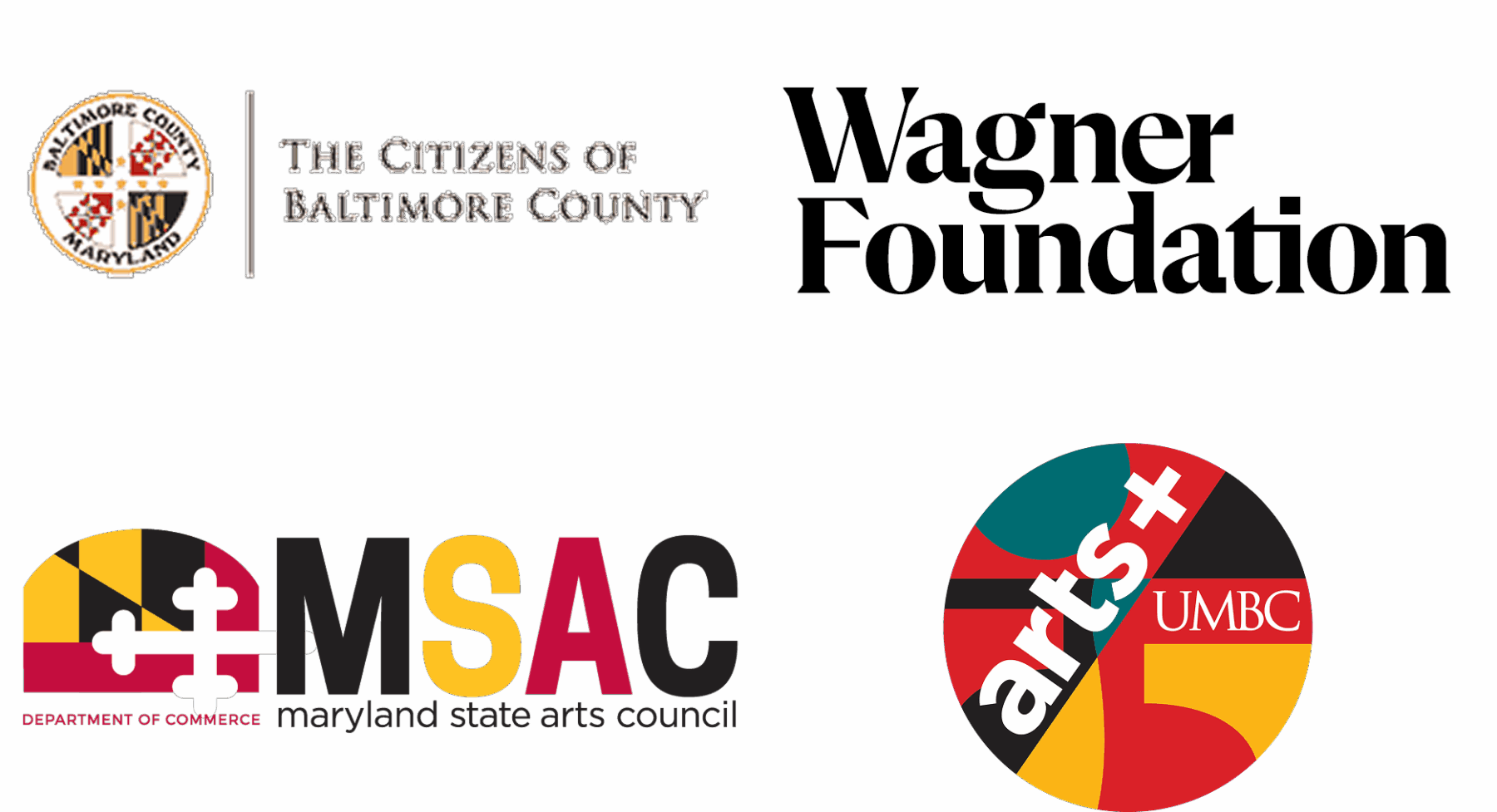 Gridded orientation of sponsor logos. Clockwise: the Citizen of Baltimore County, the Wagner Foundation, the Arts+ Initative at UMBC, and the Maryland State Arts Council.