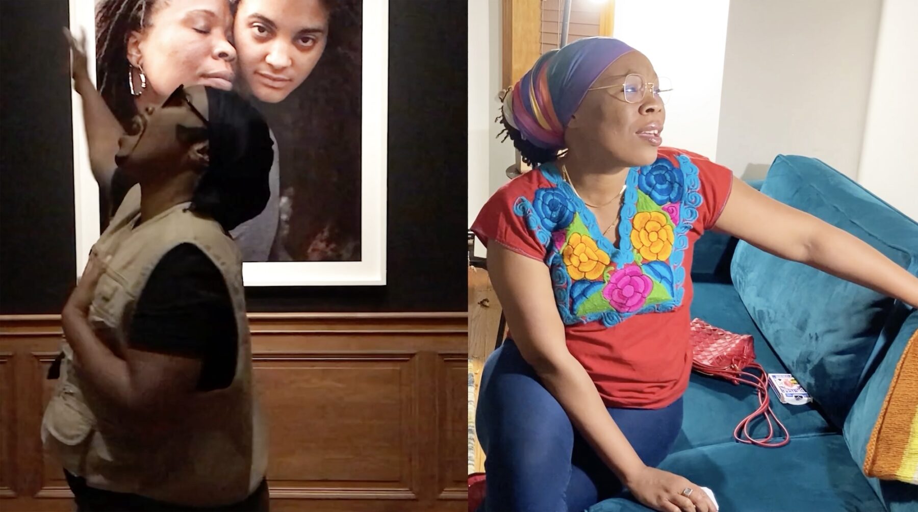 An image still from a split-screen video. To the left, an individual with a dark skin-tone with a black durag, sunglasses, and a khaki vest raises his right hand and head in front of a portrait of two woman. At right, a woman with a dark skin-tone and a colorful blouse sits in a blue chair and looks in the distance to her left.