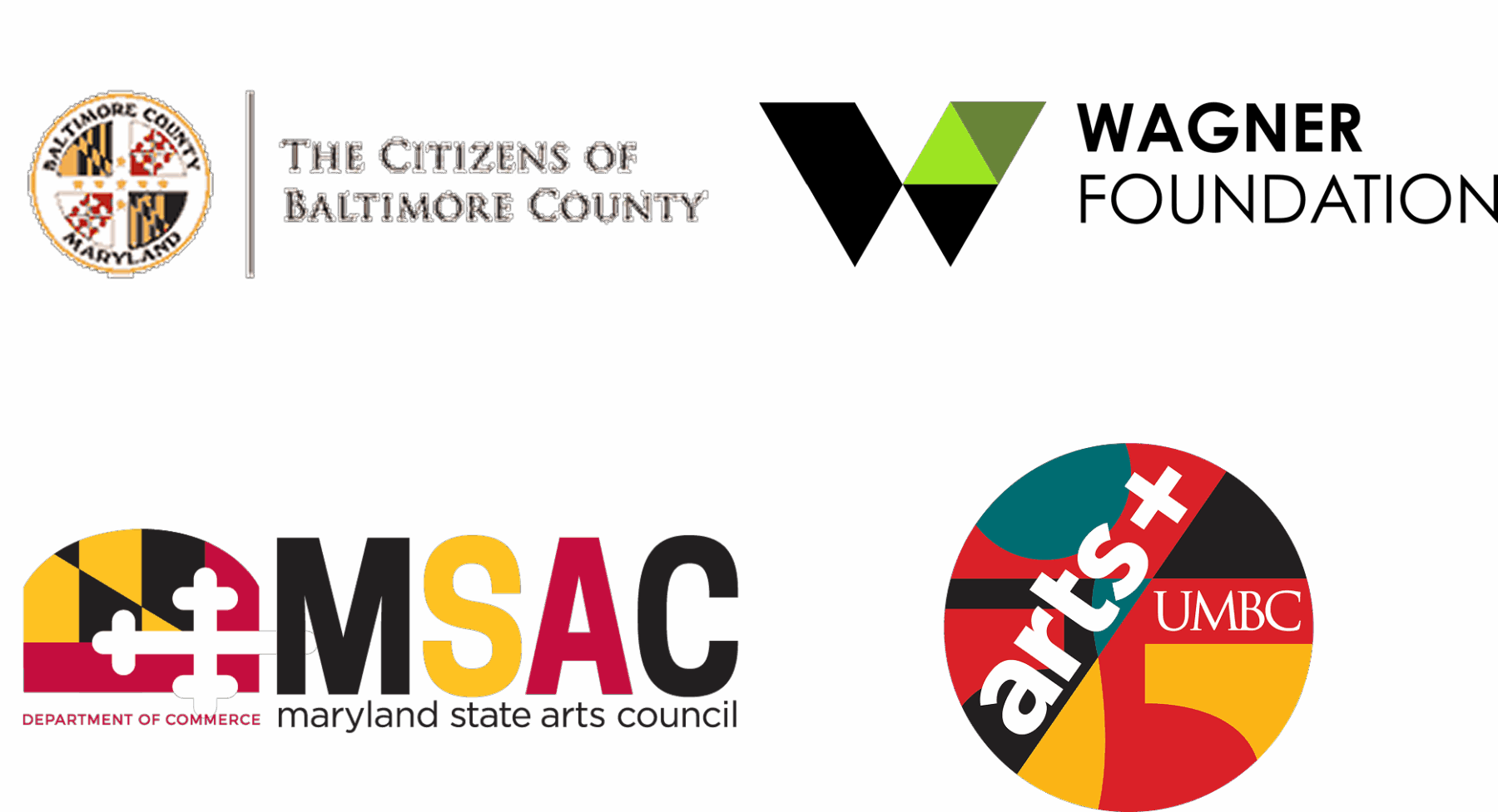 Gridded orientation of sponsor logos. Clockwise: the Citizen of Baltimore County, the Wagner Foundation, the Arts+ Initative at UMBC, and the Maryland State Arts Council.