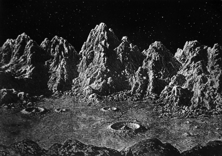 What appears to be a realistic photograph of a lunar landscape, with ridged hills or mountains at the back and craters in the ground.
