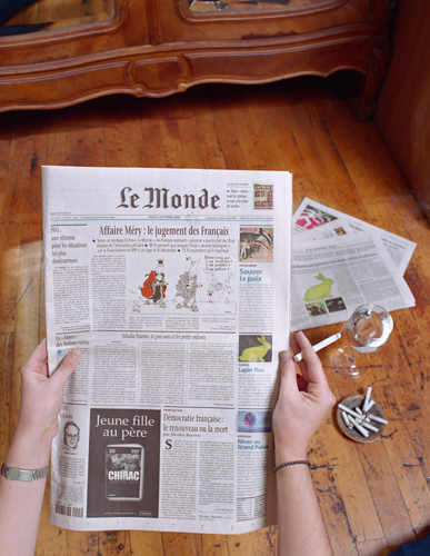 Color photograph titled "From Free Alba!, (Le Monde)" by Eduardo Kac, created in 2001–02. Mounted on aluminum with Plexiglas, 36 x 46.5 inches.