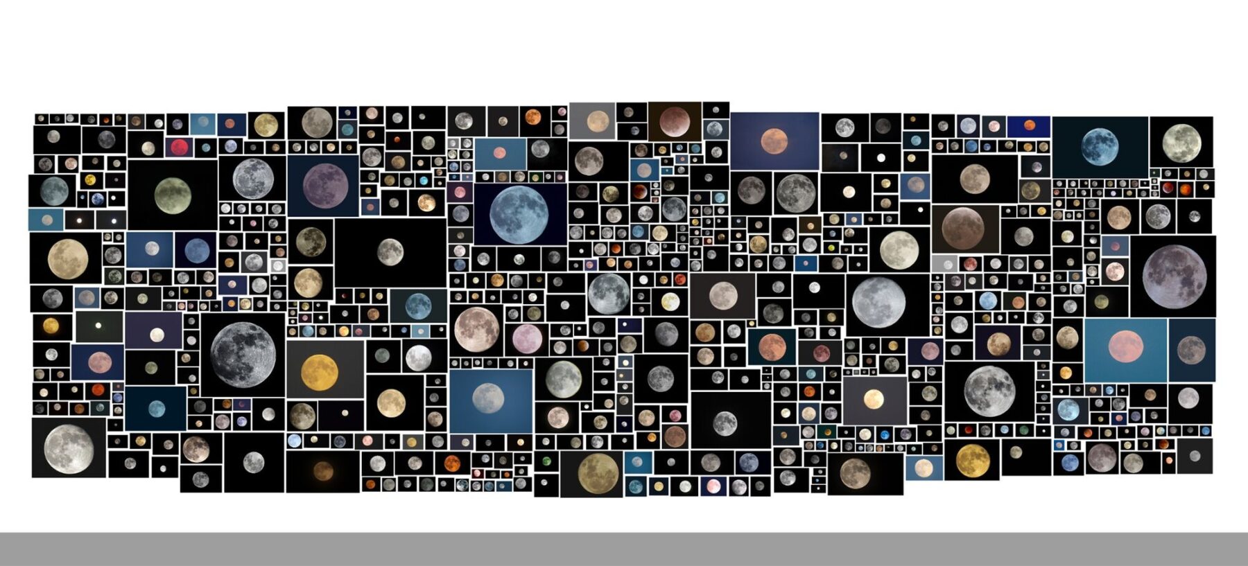 Installation map for Everyone’s Photos Any License by Penelope Umbrico, 2015. A black and white laser print measuring 6 by 16 inches, showing 654 of 1,146,034 full moon images from Flickr (November 2015), corresponding to the work’s attribution list. Courtesy of the artist and Bruce Silverstein Gallery.