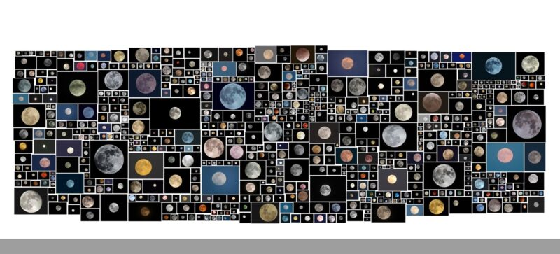 Installation map for Everyone’s Photos Any License by Penelope Umbrico, 2015. A black and white laser print measuring 6 by 16 inches, showing 654 of 1,146,034 full moon images from Flickr (November 2015), corresponding to the work’s attribution list. Courtesy of the artist and Bruce Silverstein Gallery.