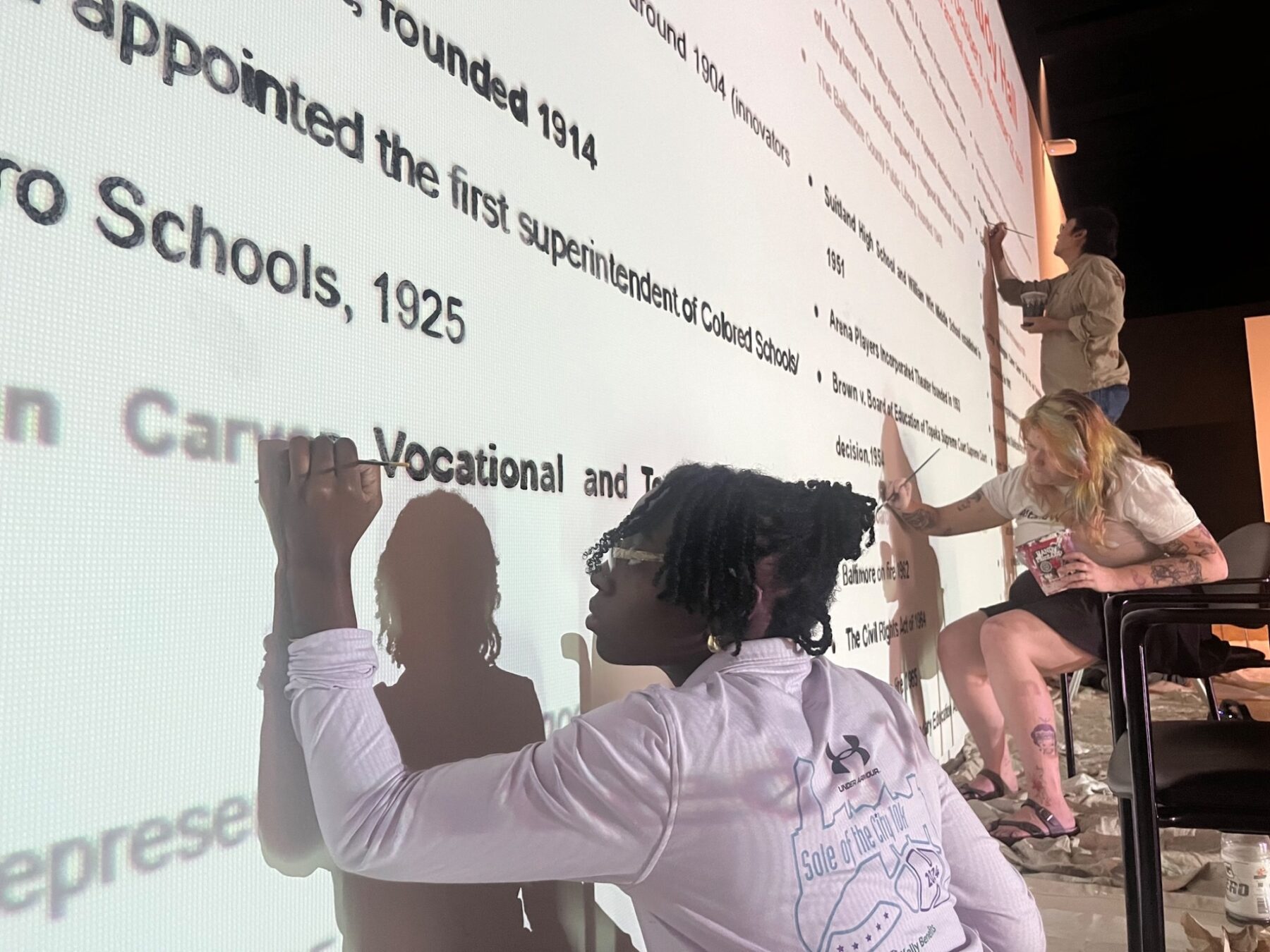 A group of individuals stand painting paint letters onto a white wall from a projected document.