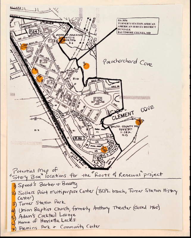 Map of Turner's Station African American Survey District with locations marked in orange highlighter. Additional annotations and marginalia are written in pen.