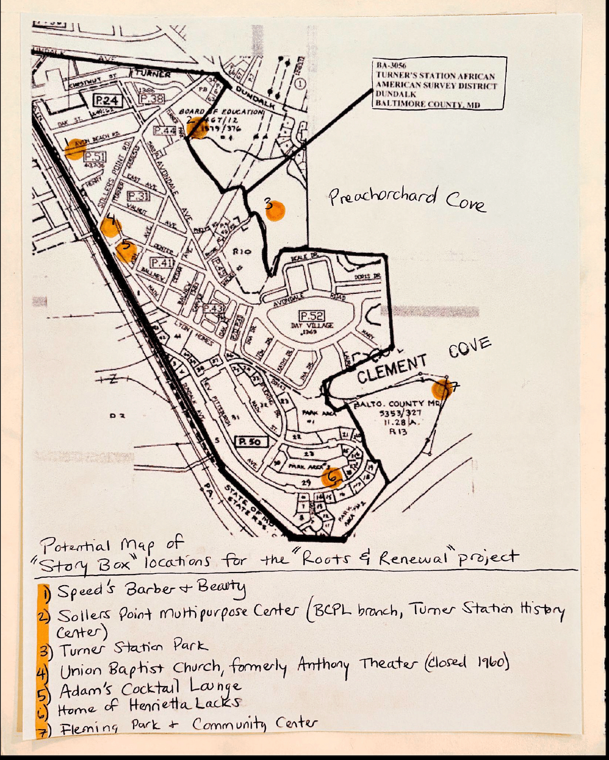 Map of Turner's Station African American Survey District with locations marked in orange highlighter. Additional annotations and marginalia are written in pen.