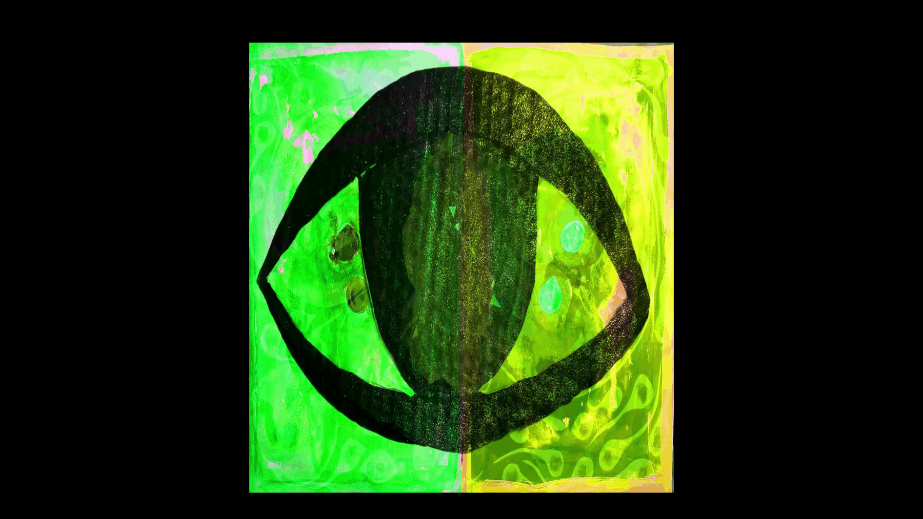 A still from a film shows a drawn black eye over a green background.