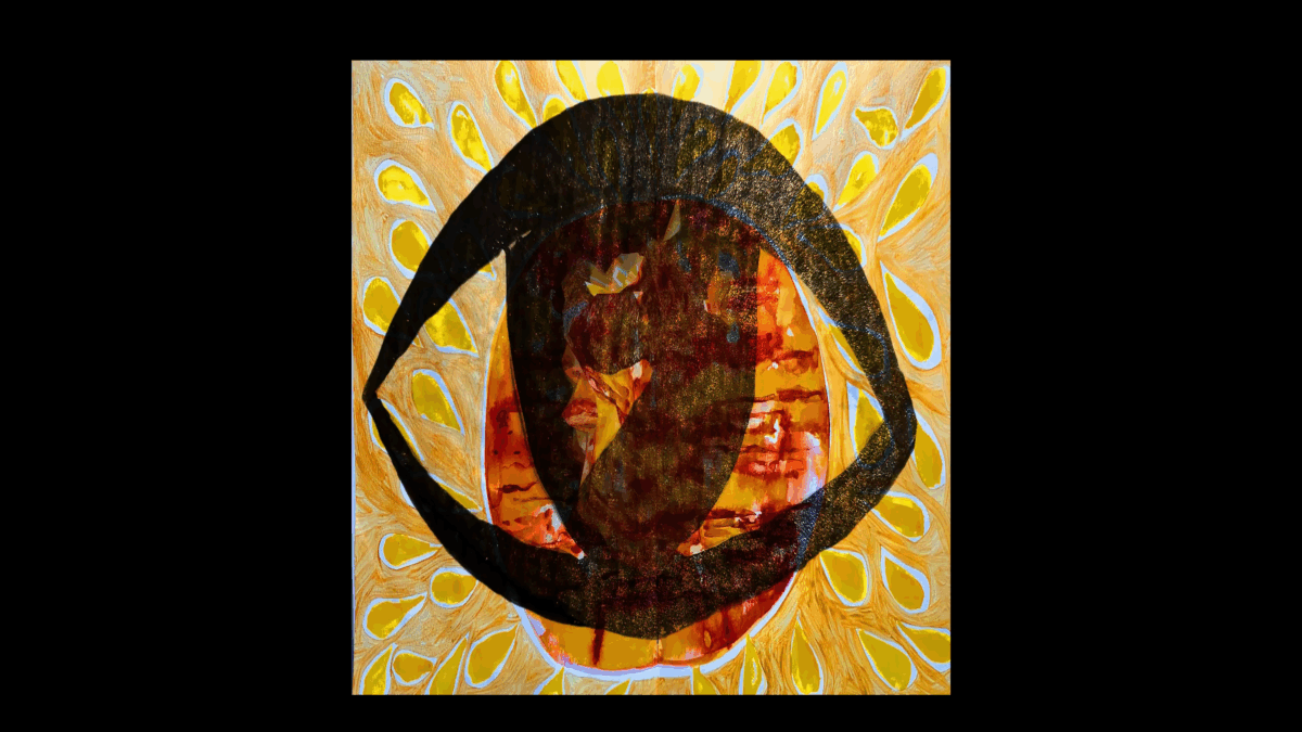 A still from a film that shows a drawn black eye over a yellow background.