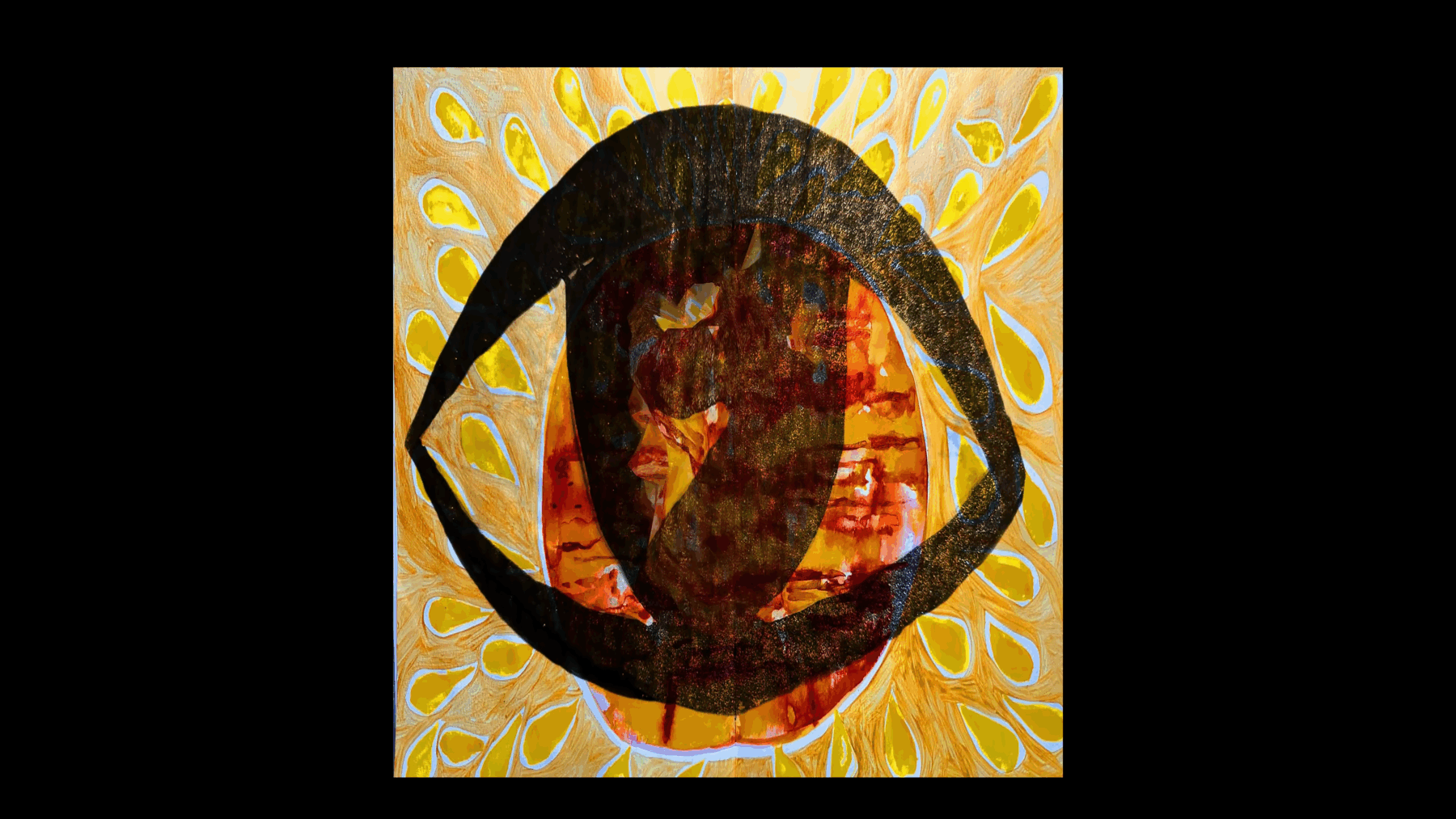 A still from a film that shows a drawn black eye over a yellow background.