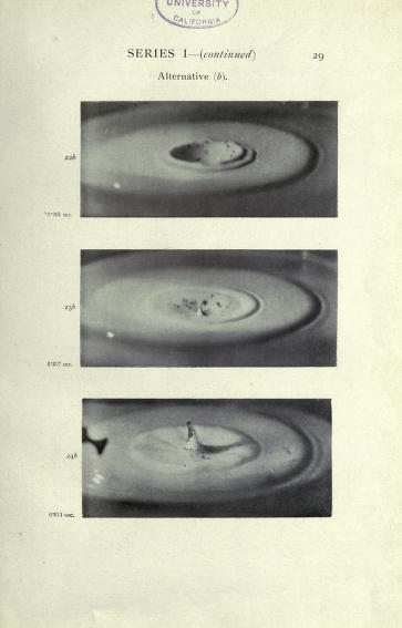 There is a stamp at the top that reads "University of California". Below the text reads SERIES 1–(continued) Alternative (b). Three black and white stills of a droplet of water landing in a puddle can be seen at different stages in the recoil of the water.