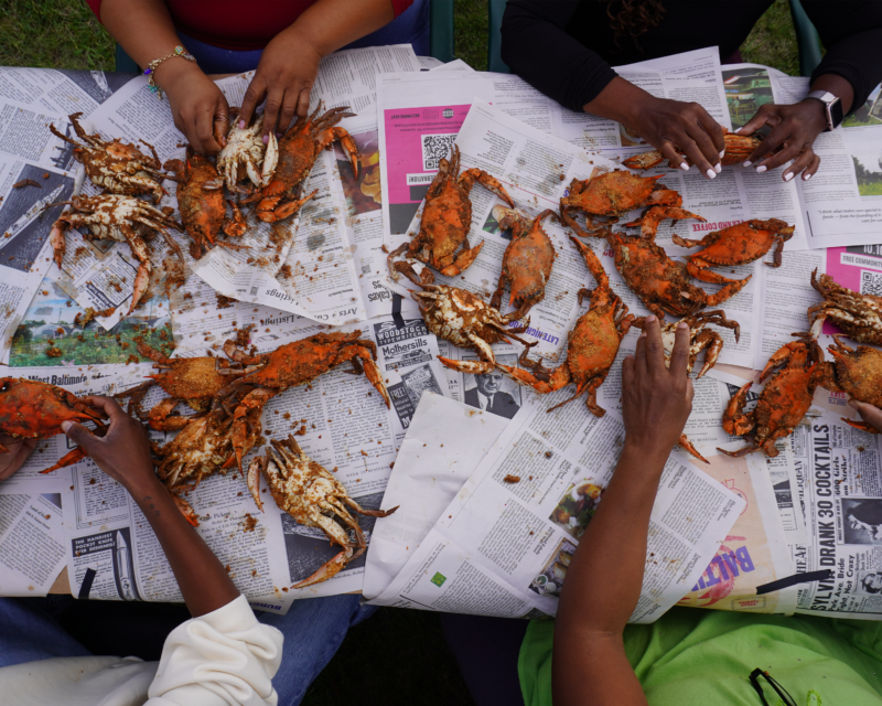 Twenty old bay encrusted bright orange and white crabs are splayed over black and white newspapers. Four sets of black hands are picking at the crabs.