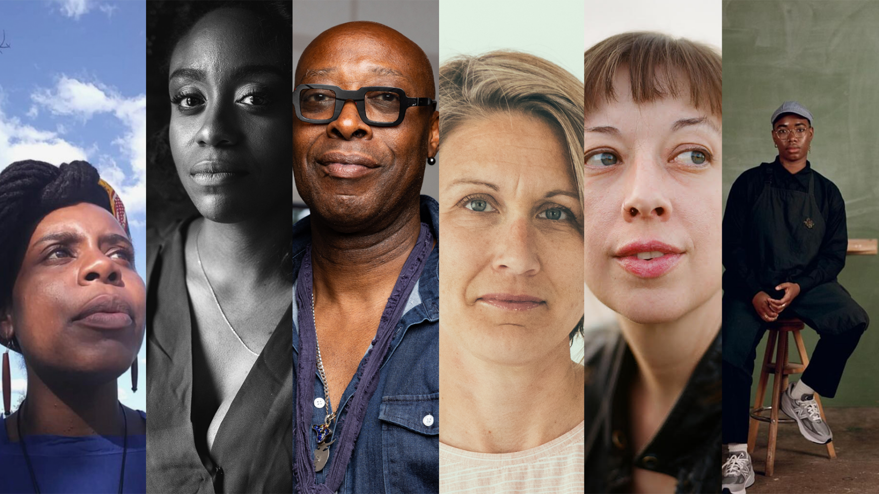 Designed image showing a string of vertical headshots for the five panelists on the September 3 panel, with curator Angela N. Carroll