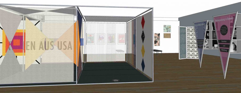 Sketch-up rendering of a gallery view of the "A Designed Life" exhibition.