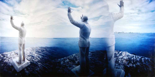 hazy view of three different views of the same miniture white plastic figurine of Eisenhower with arms raised in the air faces harbor in three different directions