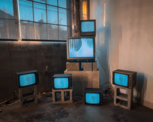 In the corner of a white room near a window, four black-and-white security monitors rest on cement blocks near the floor. On them, cheetahs, from the shoulders up, guard the central color television. A color television, playing a vibrant experimental film, sits atop a pile of cement blocks. Another security monitor, on top of the color TV, completes the installation’s layered composition.